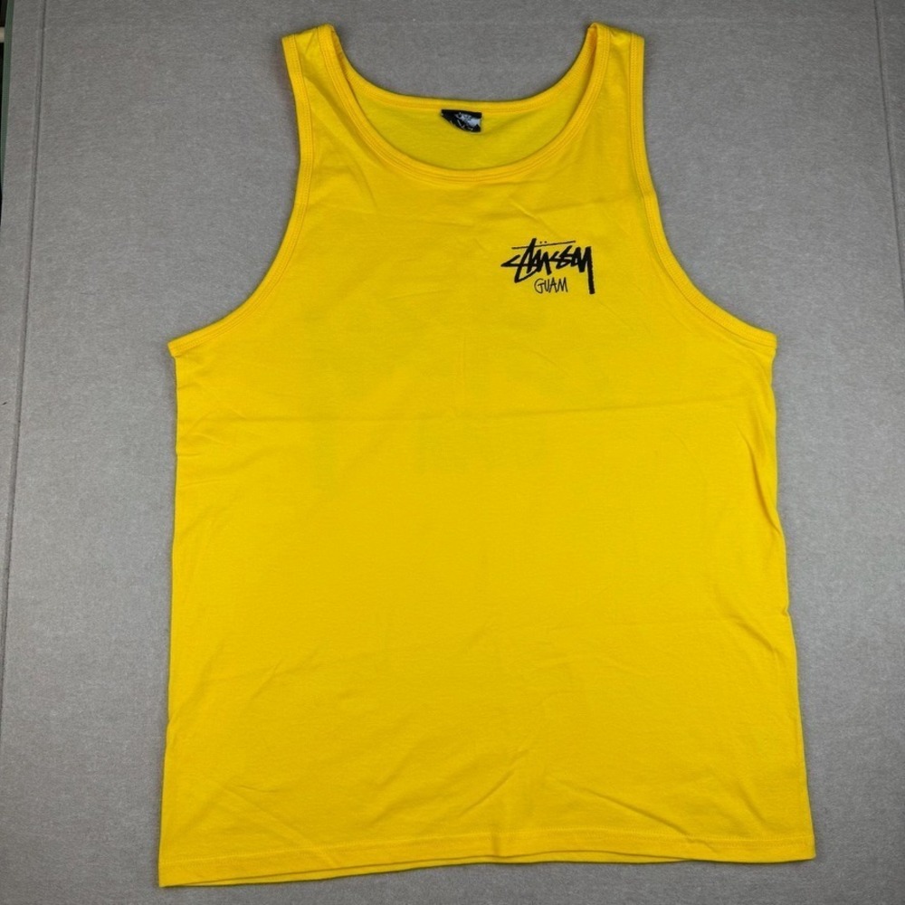 Stussy Guam Tank Top Mens L Yellow Streetwear Graphic Logo Sleeveless Tee - Picture 2 of 7
